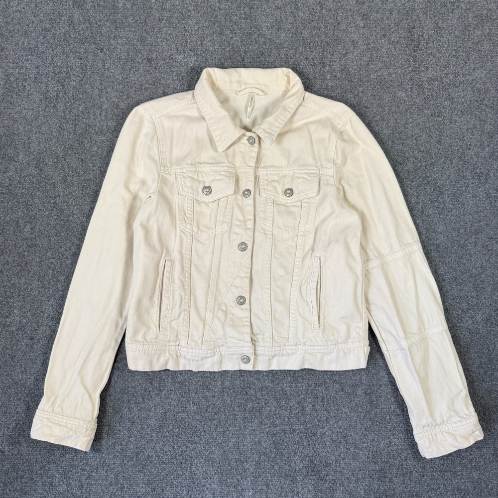 Free People Rumors Denim Trucker Jacket Womens Medium Ivory White Cream Boho